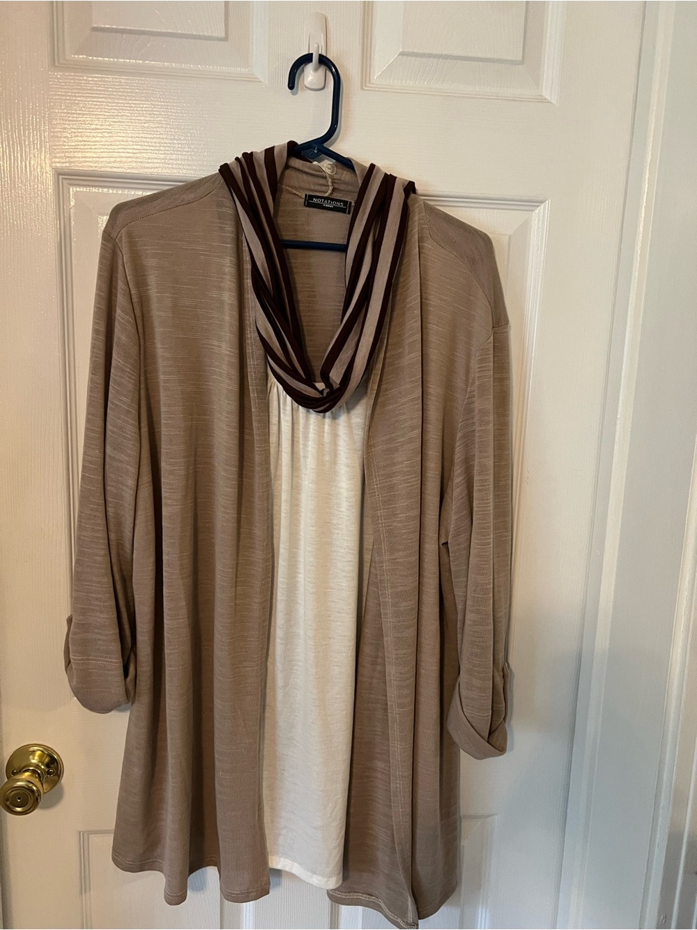 Alfred Dunner Taupe & Cream Layered Cardigan with Scarf.